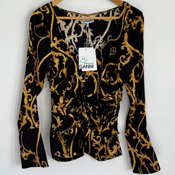 NWT Ganni Silk Stretch Blouse U-neck Gathered Fitted Black & Gold Baroque - Picture 3 of 16